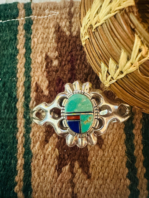 Old Pawn Navajo Multi Stone & Sterling Silver Inlay Cuff Bracelet