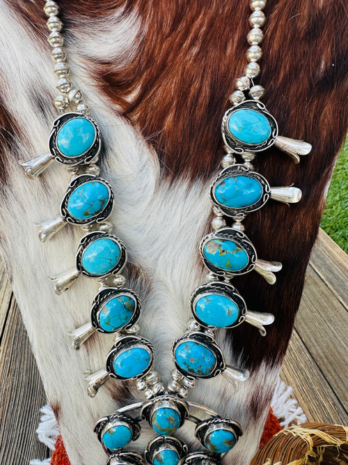 Old Pawn Handcrafted Morenci Turquoise & Sterling Silver Beaded Squash Blossom Necklace by Gilbert Nez