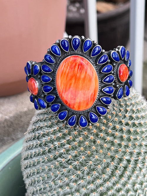 Glowing Anthony Skeets Lapis Lazuli and Orange Spiny Oyster Cluster Cuff Bracelet