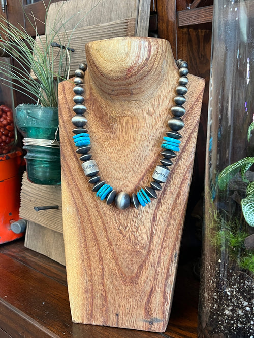 Navajo Sterling Silver and Kingman Turquoise Handmade Beaded Necklace by Rose Martin, 18 Inches