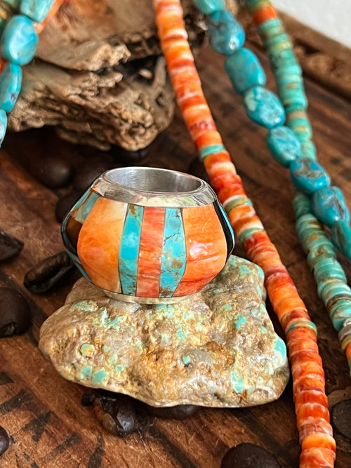 Daniel Coriz Triple Strand Spiny Oyster and Turquoise Beaded Necklace w/ Removable Sterling Silver & Stone Inlay Bead