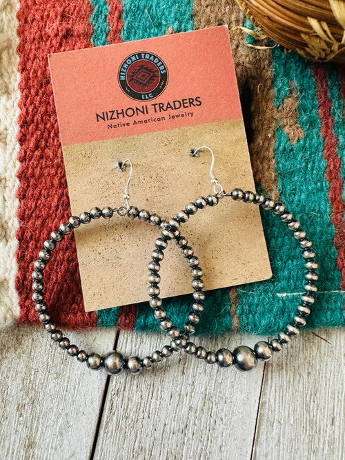 Navajo Sterling Silver Pearl Beaded Dangle Hoop Earrings