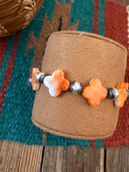 Handcrafted Spiny Oyster & Sterling Silver Pearl Cross Beaded Stretch Bracelet