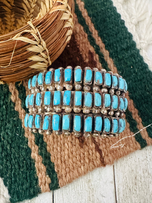 Old Pawn Navajo Turquoise & Sterling Silver Cluster Cuff Bracelet