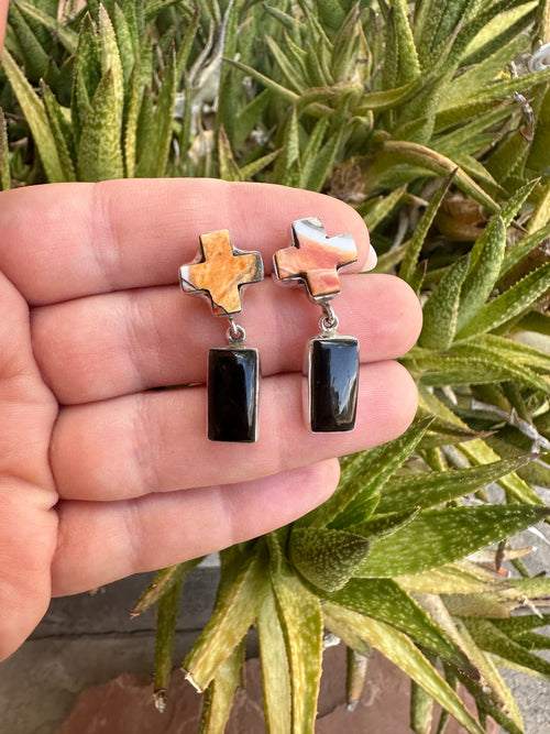 Handmade Onyx, Spice and Sterling Silver Post Dangle Cross Earrings Signed Nizhoni