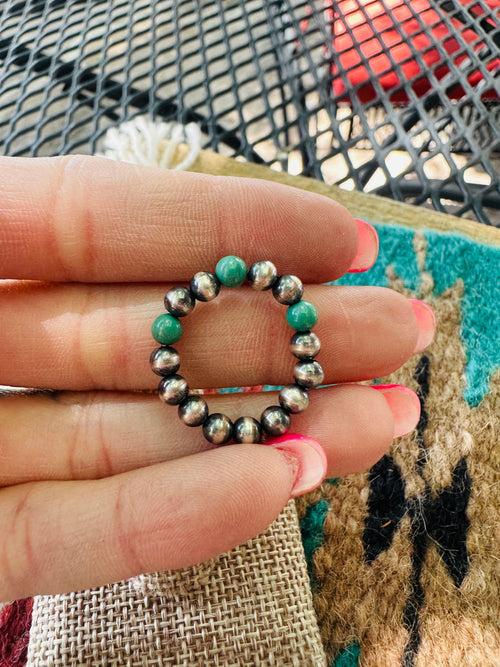 THE VENICE BAND Handmade Sterling Silver Navajo Pearl Style Turquoise Beaded Stretch Ring