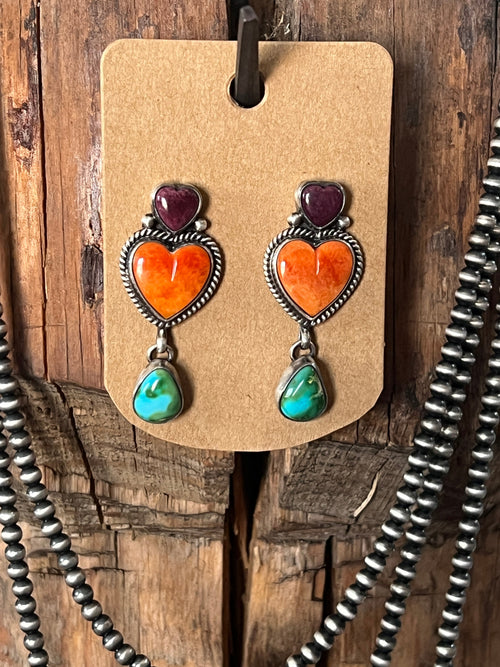 Navajo Made Sterling Silver Electric Rainbow Triple Layer Beaded Drop & Heart Necklace by Loretta Delgarito