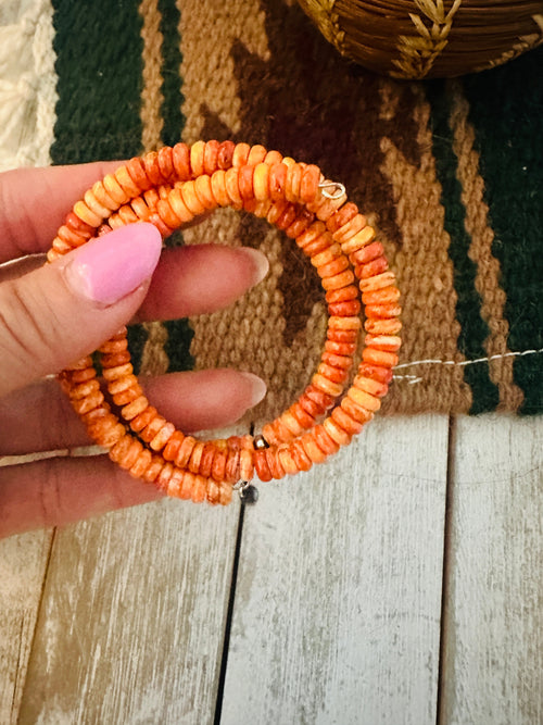 Navajo Orange Spiny Oyster Shell & Sterling Silver Pearl Beaded Wrap Bracelet