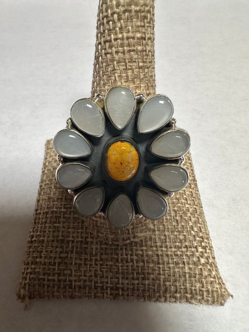 Beautiful Handmade Mother of Pearl, Bumble Bee And Sterling Silver Adjustable Flower Ring