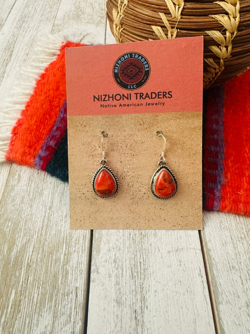 Navajo Sterling Silver Apple Coral Dangle Earrings