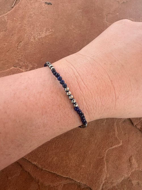 Handmade Lapis & Sterling Silver Beaded Stretch Bracelet