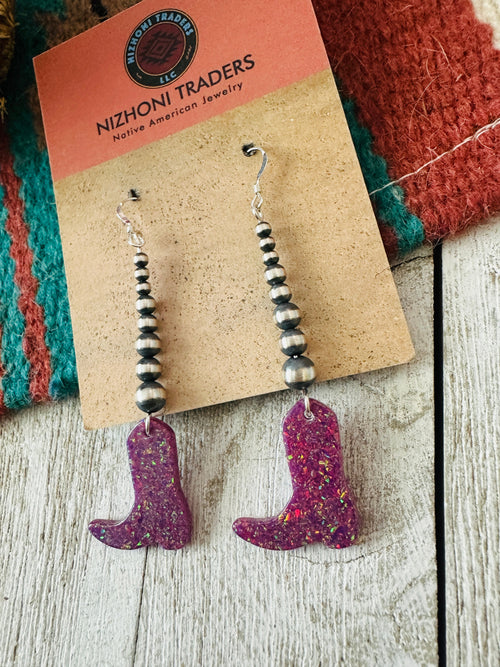 Summer Lovin’ Navajo Sterling Silver Pearl Beaded Opal Cowboy Boot Dangle Earrings