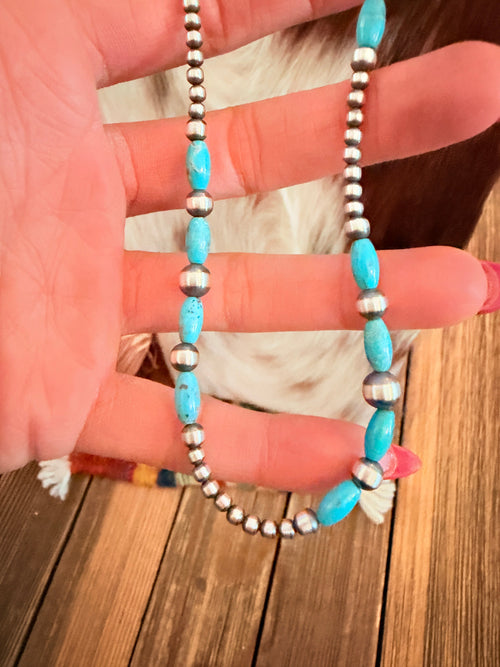 Handcrafted Turquoise & Sterling Silver Pearl 24” Beaded Necklace