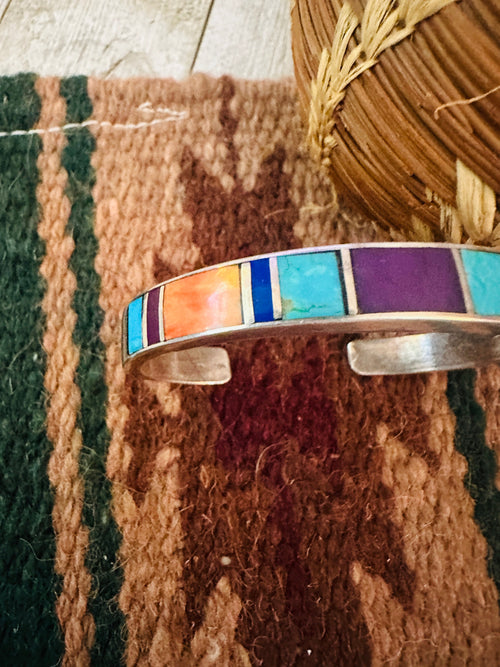 Old Pawn Navajo Multi Stone & Sterling Silver Inlay Cuff Bracelet