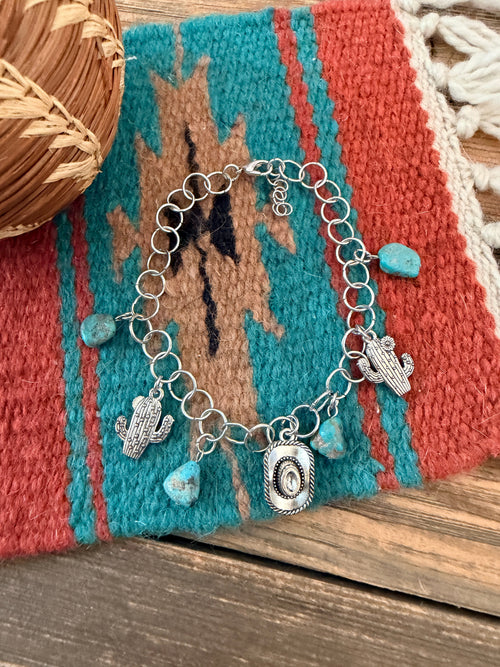 Handcrafted Old Pawn Sterling Silver & Turquoise Cowboy Charm Bracelet