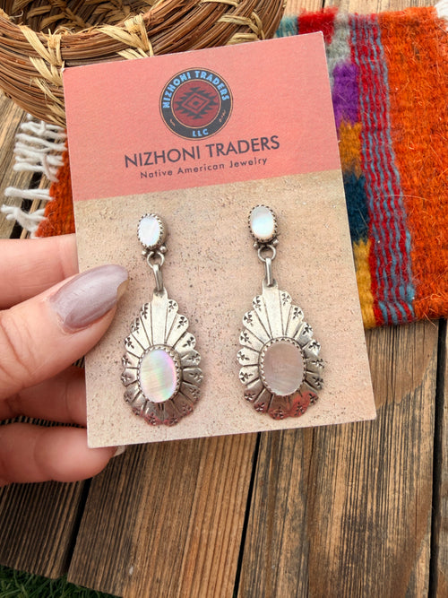 Handcrafted Old Pawn Sterling Silver & Mother of Pearl Dangle Earrings