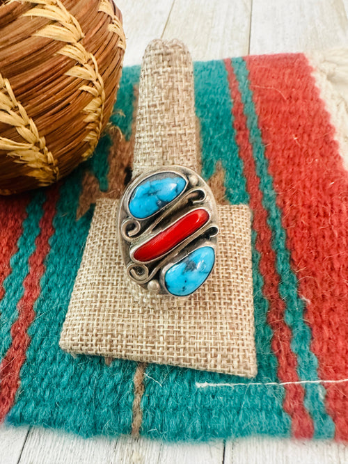 Old Pawn Navajo Sterling Silver, Turquoise & Coral Ring Size 11