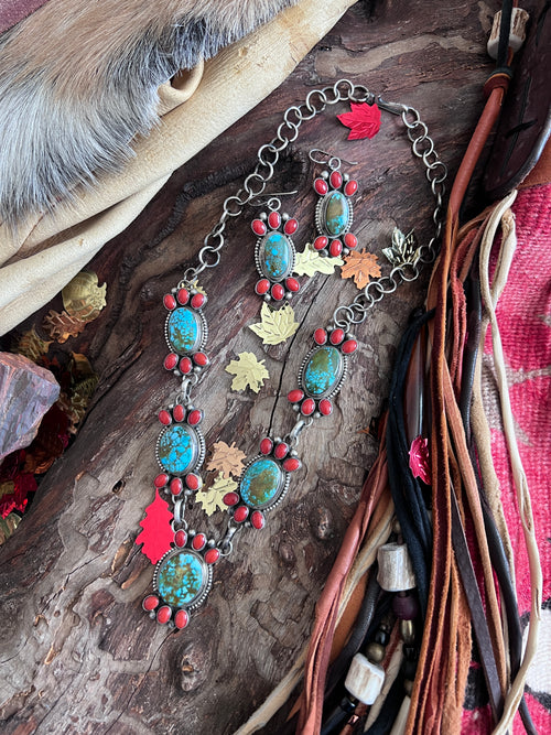 Taos Collection: Handcrafted Sterling Silver, Kingman Turquoise and Mediterranean Coral Necklace & Earrings Set by Kathleen Chavez