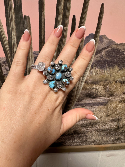 Beautiful Handmade Golden Hills Turquoise , CZ And Sterling Silver Adjustable Ring