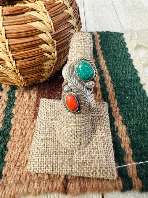 Old Pawn Handcrafted Turquoise, Coral & Sterling Silver Ring Size 6