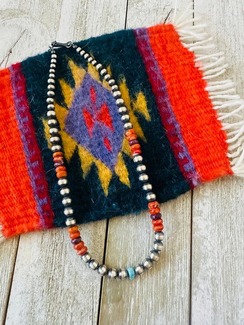 Navajo Sterling Silver, Spiny & Turquoise Beaded 14” Necklace