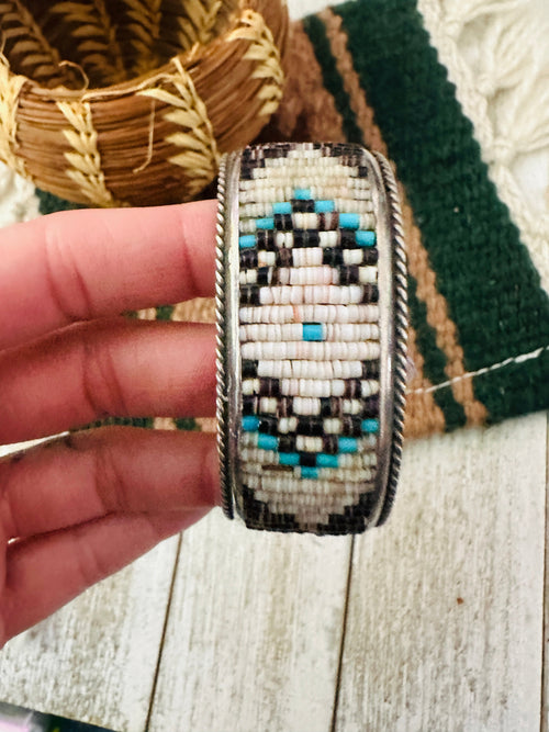 Old Pawn Navajo Sterling Silver & Multi Stone Beaded Cuff Bracelet