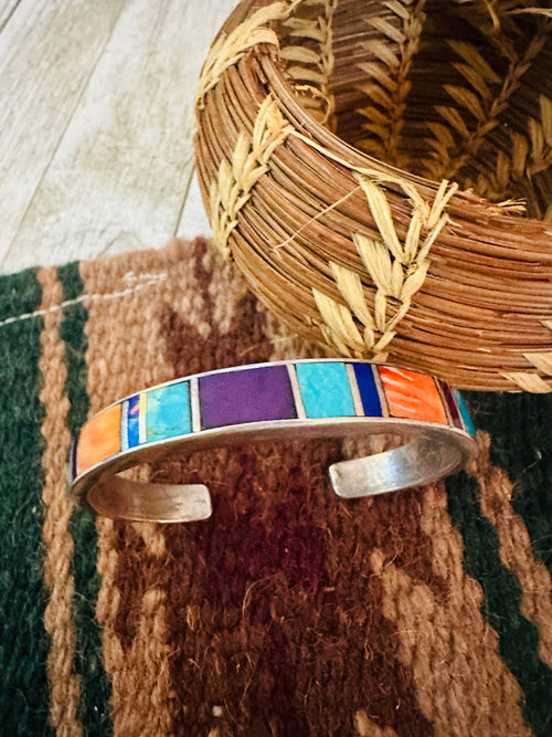 Old Pawn Navajo Multi Stone & Sterling Silver Inlay Cuff Bracelet