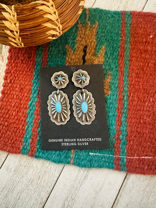 Navajo Hand Stamped Sterling Silver & Turquoise Concho Dangle Earrings