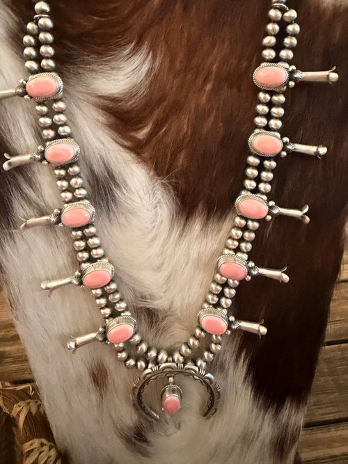 Handcrafted Queen Pink Conch & Sterling Silver Beaded Squash Blossom Necklace Set by Melvin Francis