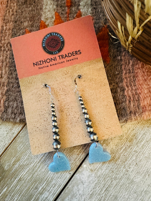 Summer Lovin’ Navajo Sterling Silver Pearl Beaded Opal Heart Dangle Earrings