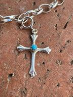 Navajo Crafted Sterling Silver and Turquoise Hand Stamped Cross Charm