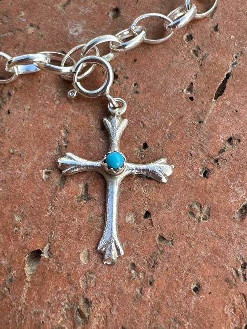 Navajo Crafted Sterling Silver and Turquoise Hand Stamped Cross Charm