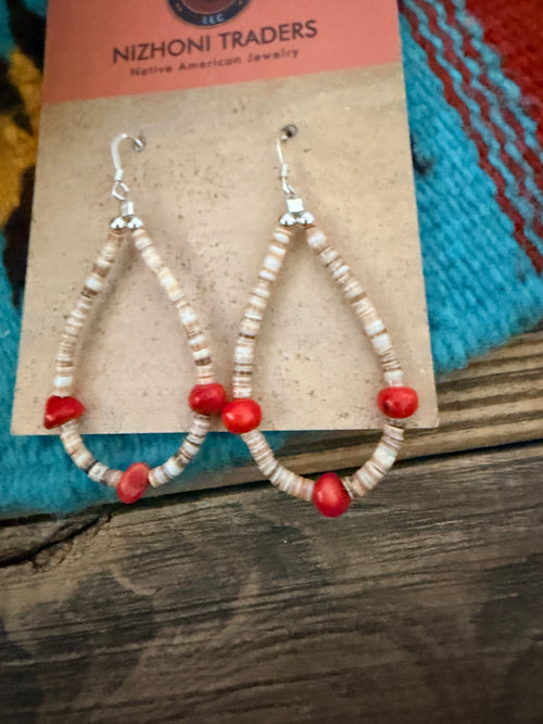 Handcrafted Heishi Shell & Coral Beaded Dangle Hoop Earrings