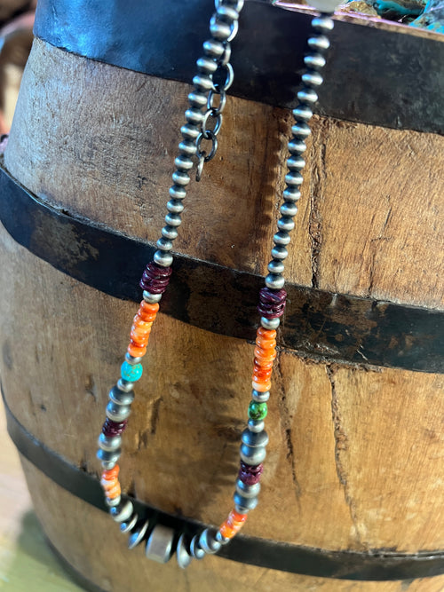 Navajo Electric Rainbow Sterling Silver, Turquoise and Spiny Oyster Single Strand Beaded Necklace by Rose Martin, 16 + 2 Inches