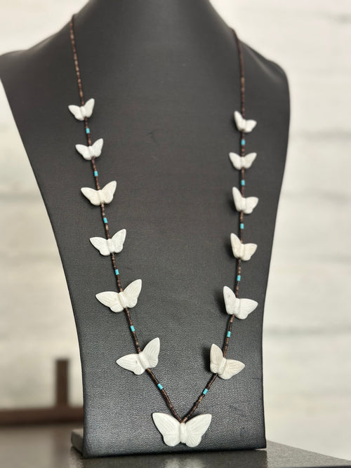 Zuni Multi Stone & Heishi Beaded Butterfly Fetish Necklace