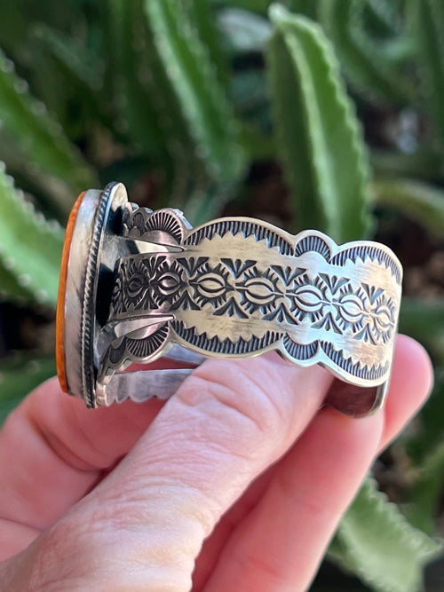 Navajo Sterling Silver and Orange Spiny Oyster Shell Heart Cuff Bracelet by Murphy Platero
