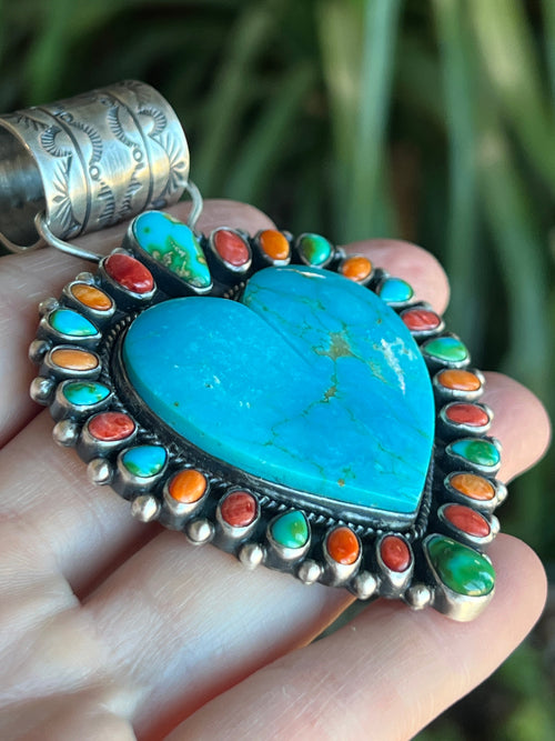 Color Burst Handcrafted Kingman Turquoise Heart Pendant w/ Spiny Oyster Shell and Sonoran Mountain Turquoise by Angela Martin