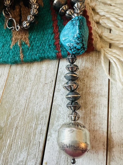 Navajo Turquoise & Sterling Silver Pearl Beaded Lariat Necklace