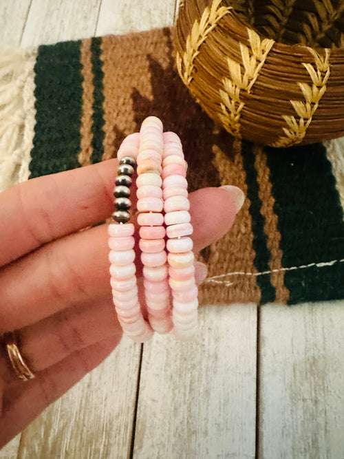 Navajo Queen Pink Conch Shell & Sterling Silver Pearl Beaded Wrap Bracelet