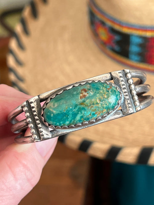 Hand Forged Old Pawn Sterling Silver & Turquoise Cuff Bracelet by Santa Fe Artist, Buffalo: The Cameo