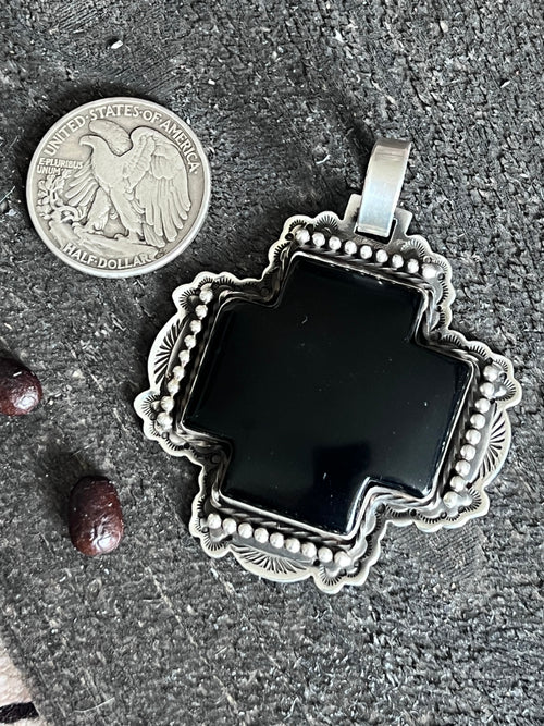 Hand Stamped Sterling Silver & Black Marble Santa Fe Cross Pendant by Kimari Somers