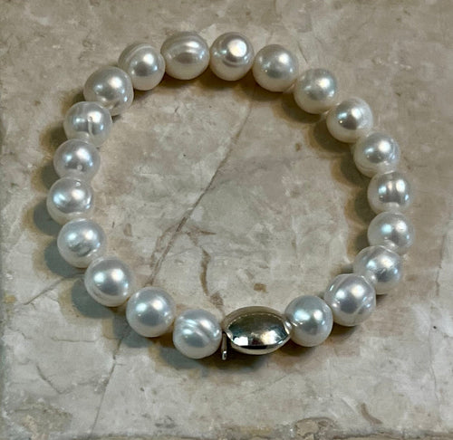 White Pearl Stretch Bracelet with Sterling Silver Disc