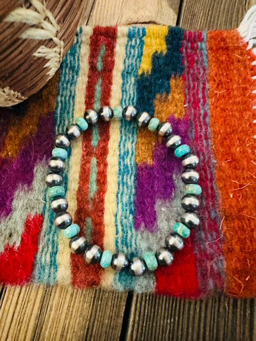 Handcrafted Turquoise, & Sterling Silver Pearl Beaded Stretch Bracelet