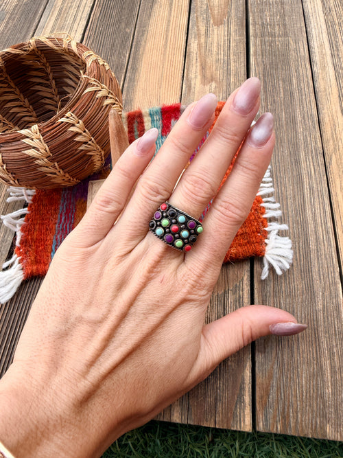 Old Pawn Handmade Multi Stone & Sterling Silver Ring Size 5.75