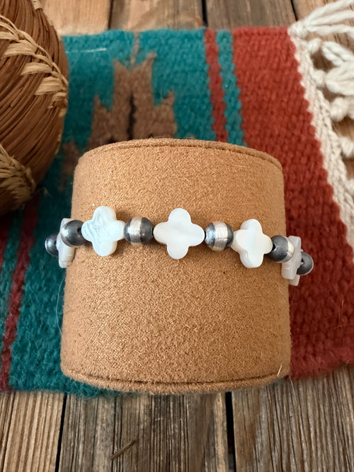 Handcrafted Mother of Pearl & Sterling Silver Pearl Cross Beaded Stretch Bracelet