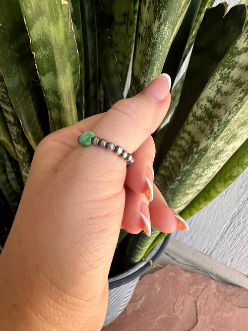 THE VENICE BAND Handmade Sterling Silver Navajo Pearl Style Sonoran Mountain Turquoise Beaded Stretch Ring