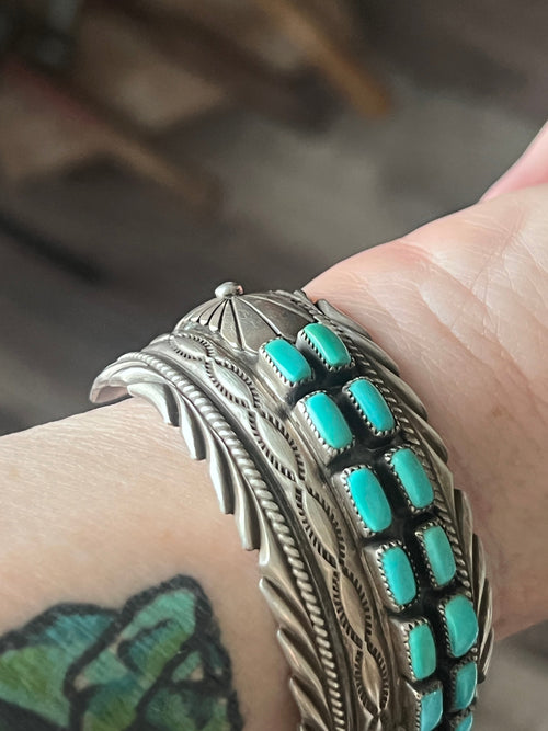 Estate Collection Vintage Sterling Silver and Kingman Turquoise Row Cuff by James Martin