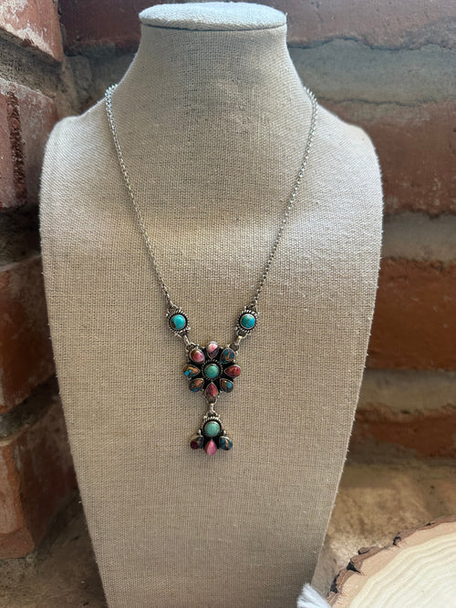 Handmade Turquoise, Pink Dream & Sterling Silver Cluster Necklace