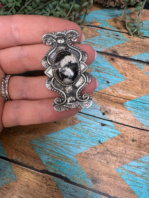 Handmade Sterling Silver & White Buffalo Adjustable Ring Signed Nizhoni