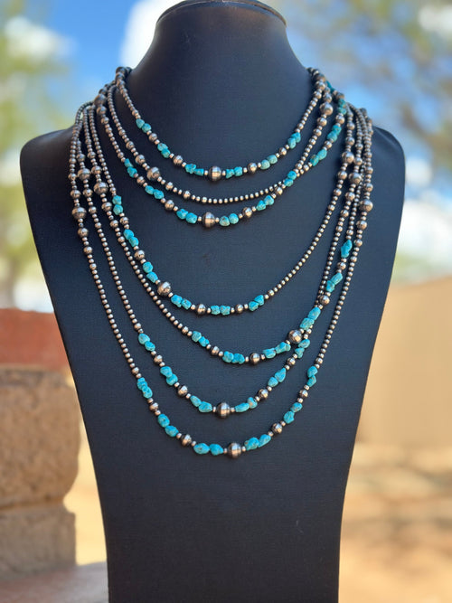 Navajo Kingman Dance Turquoise & Sterling Silver 3mm-8mm Beaded Necklace